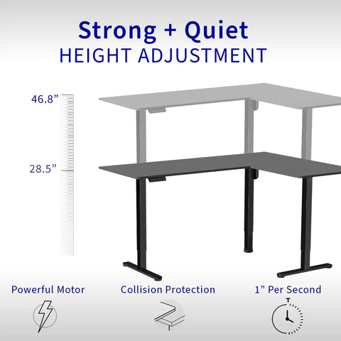 Diagram of Corner Standing Desk With Electric Height Adjustment 63 X 55 Inch Reversible L Shaped Workstation showing height range.