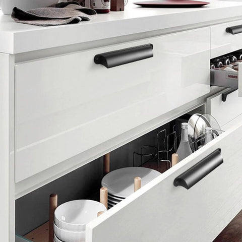 Six Pack Black Cabinet Cup Pulls And Drawer Handles, 5.04 Inch Center To Center Zinc Alloy Bar Pulls For Cabinets Wardrobe Kitchen And Bathroom, Modern Hardware For Cupboard Doors In Black Finish 128mm Center Distance installed on white drawers