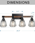 Rustic Wood And Matte Black Industrial Vanity Light with dimensions 26.4in L x 7in W x 10.4in H, four light sconce.