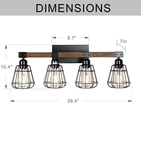 Rustic Wood And Matte Black Industrial Vanity Light with dimensions 26.4in L x 7in W x 10.4in H, four light sconce.
