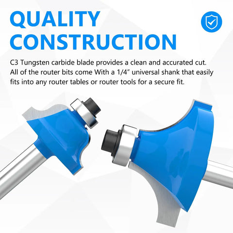 Close-up of Badass 15 Piece Router Bit Set featuring quarter inch shank and tungsten carbide tips for precise woodworking.