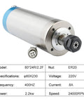 Heavy Duty Two Point Two Kilo Watt Water Cooled Cnc Router Spindle, 2.2kw power, with ER20 nut and specifications visible.