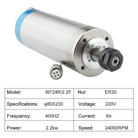 Heavy Duty Two Point Two Kilo Watt Water Cooled Cnc Router Spindle, 2.2kw power, with ER20 nut and specifications visible.