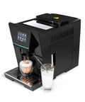 Next Level Fully Automatic Home Espresso Maker With Built In Bean Grinder Programmable Touchpad For Quick Shot Ready Brewing No Fuss Self Wash Cycle In Glossy Black with brewing espresso and milk.