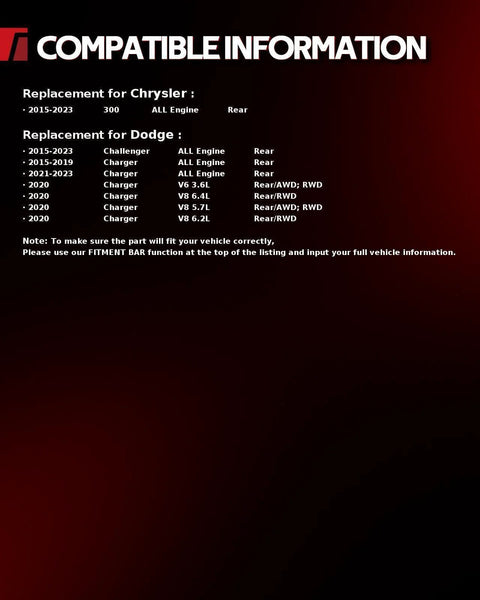 Compatibility chart for Rear Wheel Bearing And Hub Assembly For 2015 To 2023 Charger Challenger And Chrysler 300 Rear Five Lug
