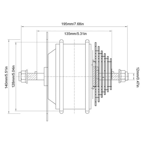 Technical diagram for 48V 500W Rear Drive Ebike Hub Motor With Brushless Design, showing dimensions and structural details.