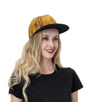 Woman wearing Road Trip Ready Flat Brim Snapback Cap For Men And Women in breathable polyester with all-over printing.