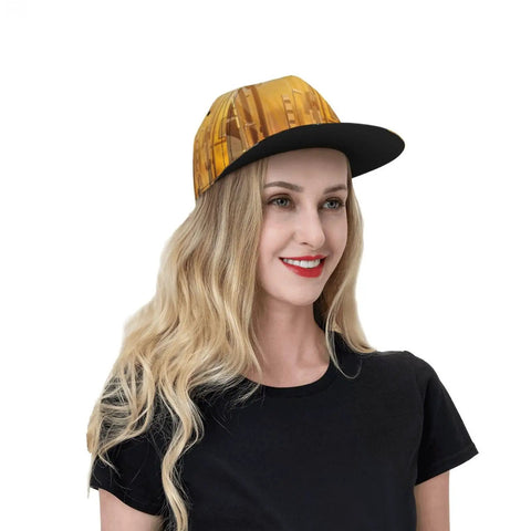 Woman wearing Road Trip Ready Flat Brim Snapback Cap For Men And Women in breathable polyester with all-over printing.