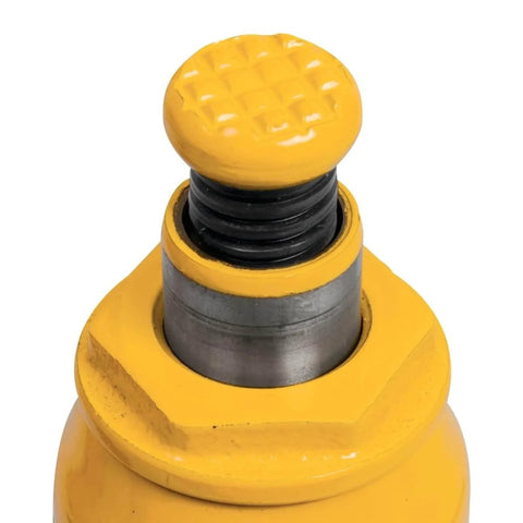 Close-up of adjustable top screw on Heavy Duty 2-Ton Hydraulic Bottle Jack With 4,000 Lb Lift Capacity, Includes Handle, Yellow.