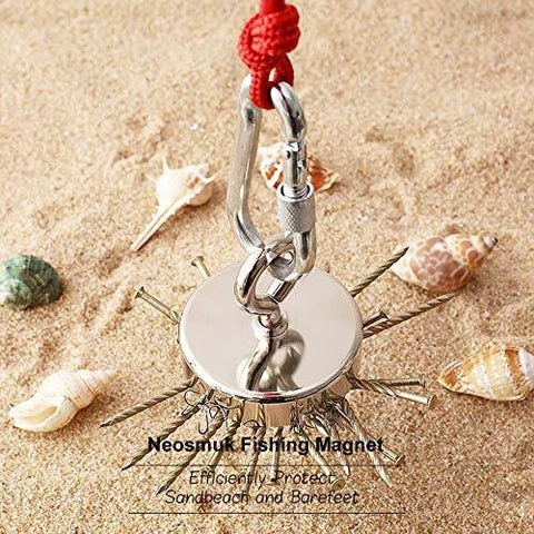 Neosmuk fishing magnet with red rope and carabiner; large silver neodymium magnet on sandy beach