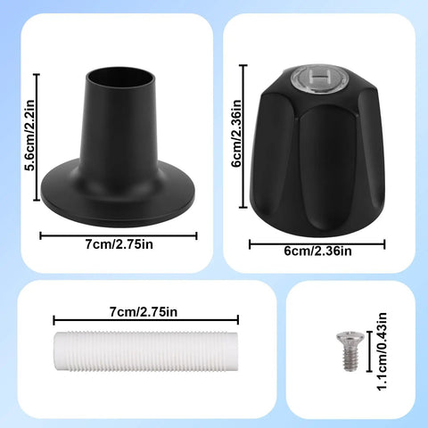 Matte Black Shower Knobs Replacement Kit 2 Pack With Bases Connectors Screws For Bathtub Faucet Handle Remodel Includes 2 Knobs Bases And Hardware Compatible With Pfister Verve showing measurements for each component
