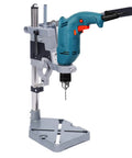 Kickass Adjustable Drill Press Stand Featuring Universal Bench Clamp And Dual Drill Mount Perfect For Rotary Tools And Quick Shop Fixes That Works Like A Champ On Standard Workbenches with a drill attached.