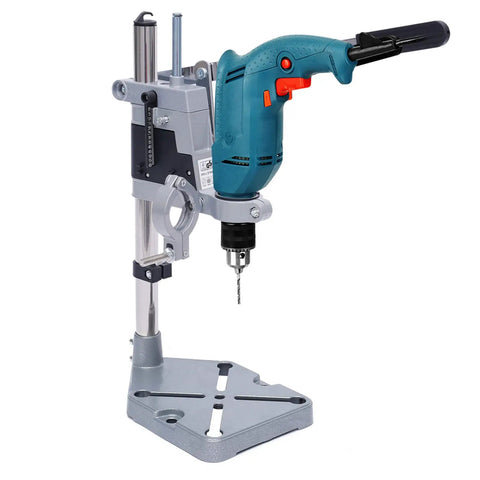 Kickass Adjustable Drill Press Stand Featuring Universal Bench Clamp And Dual Drill Mount Perfect For Rotary Tools And Quick Shop Fixes That Works Like A Champ On Standard Workbenches with a drill attached.
