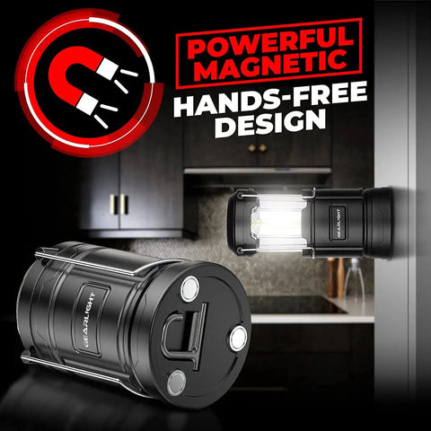 Portable LED Camping Lantern With Battery Power, Magnetic Base And Foldable Hook For Emergency Prep, Campsites, Power Outages Or Hurricanes, Includes Batteries In Black For Weekend Warriors, showing magnetic base feature.