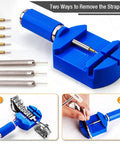 Pro Watch Link Removal Kit With Pin Remover Tools for watch band adjustment, showing blue holder, pins, punches, and hammer
