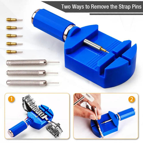 Pro Watch Link Removal Kit With Pin Remover Tools for watch band adjustment, showing blue holder, pins, punches, and hammer