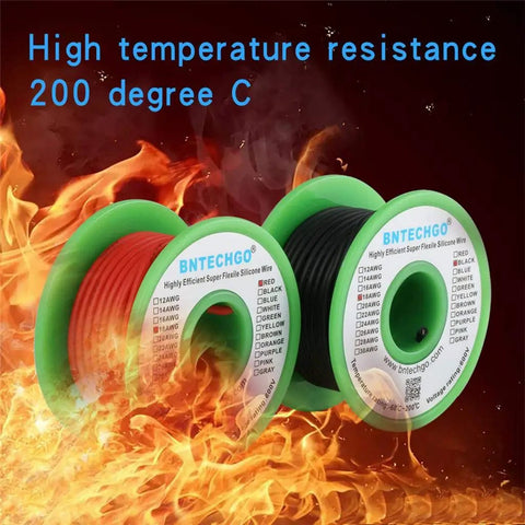 Top Tier 18 Awg Silicone Wire Red And Black 25 Foot Stranded Tinned Copper Cable visible on spools against flames.