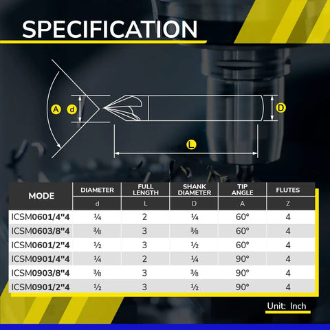 Technical specification diagram for Chamfer End Mill For CNC Carving 90 Degree V Groove One Quarter Inch Shank Two Inch Overall Length Beefy Carbide Tool For Wood Metal Aluminum Copper MDF And Hardened Steels Ideal For DIYers And Pros.