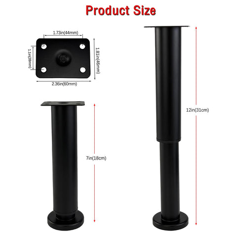 Hella Sturdy 4 Piece Heavy Duty Adjustable Furniture Legs For Wobbly Sofas And Beds 7 To 12 Inch showing size dimensions of steel risers.