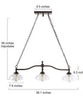 Farmhouse Chandelier Hanging Light Fixture in Rustic Black Metal with Three Bowl Shaped Clear Glass Shades and Adjustable Chains