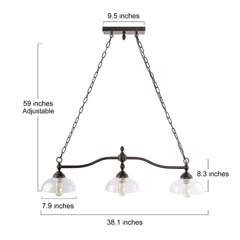 Farmhouse Chandelier Hanging Light Fixture in Rustic Black Metal with Three Bowl Shaped Clear Glass Shades and Adjustable Chains