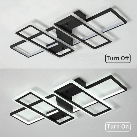 Remote Control Dimmable LED Ceiling Light With Four Rectangular Black Metal Acrylic Flush Mount Fixtures, off and on view