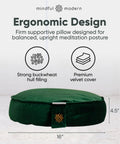 Lux Velvet Meditation Cushion For Posture Support, large green zafu with buckwheat hull fill and velvet cover, 16 in x 4.5 in