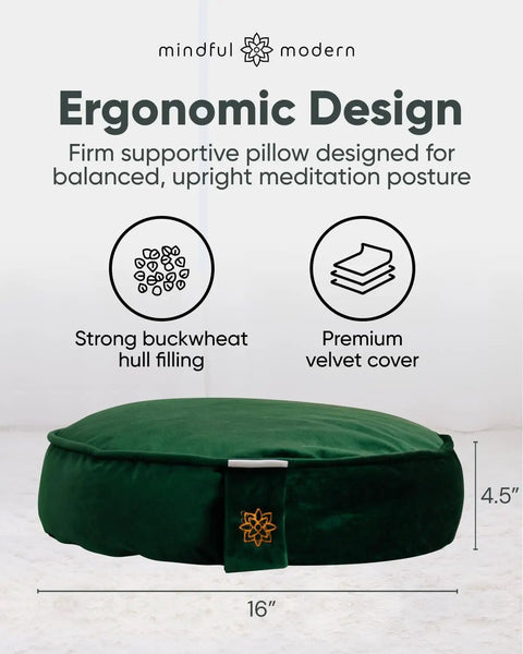 Lux Velvet Meditation Cushion For Posture Support, large green zafu with buckwheat hull fill and velvet cover, 16 in x 4.5 in