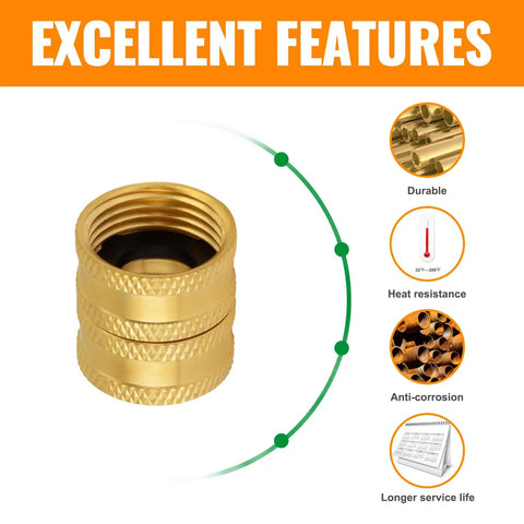 Double Female Garden Hose Connector 3/4 Inch Brass Swivel Adapter With Washers No Fuss Quick Connect Durable Outdoor Hose Fittings For Easy Leak Free Attachments To Most Standard Hoses, brass connector close-up