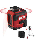 65 Ft Red Self Leveling Cross Line Laser Level With Horizontal And Vertical Lines Rechargeable Lithium Battery USB Charging Port Compact Tripod And Carry Bag Included For Easy Pro Leveling On Any Job Site showcasing laser projection and tripod.