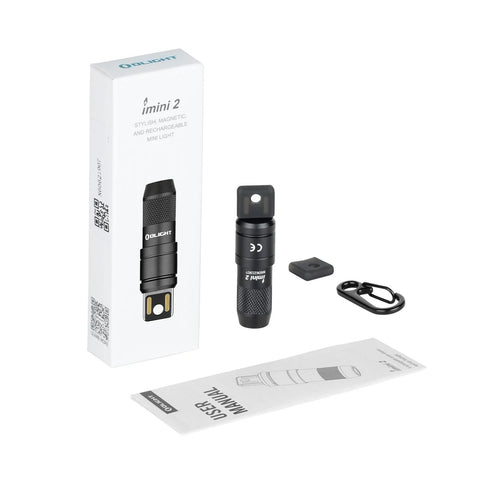 Imini 2 EDC Rechargeable Keychain Flashlight with 50 Lumens Output, box, carabiner clip, user manual, and magnetic cap visible