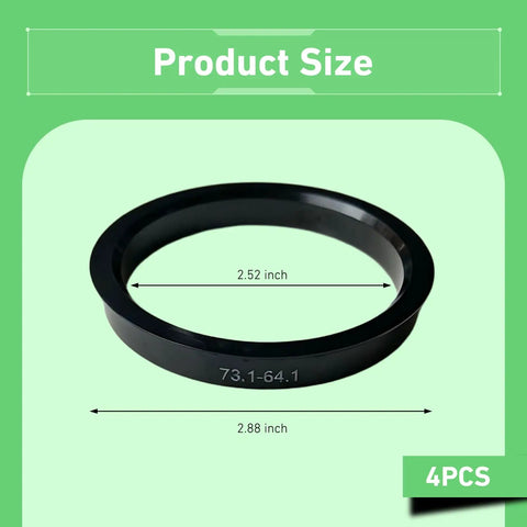 4 Pack Wheel Hub Centric Rings 73 1 Outer To 64 1 Inner Diameter Plastic Bore Adapter Spacers Black on a green background with size markings.
