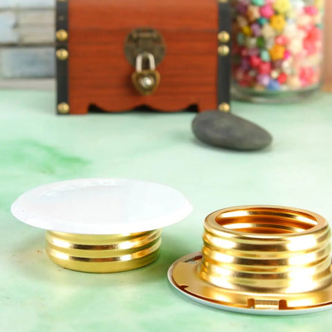 Slick Copper Fire Sprinkler Covers Decorative Escutcheon Caps set of two, white caps with gold rings for head protection.