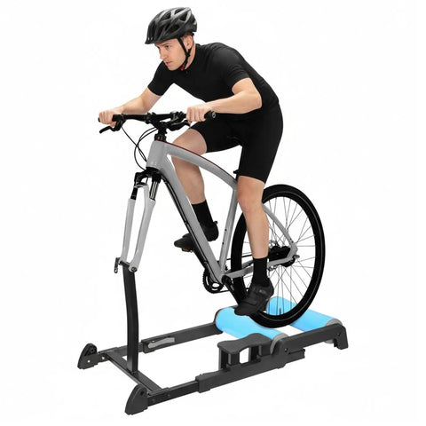 Cyclist using Detachable Indoor Bike Roller Trainer Stand For 24 To 29 Inch Mountain Bikes, Anti Slip Platform, Foldable Front Wheel Quick Release Setup