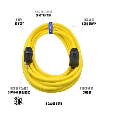 25 Ft 12/3 SJTW Outdoor Extension Cord Heavy Duty Water Weather Resistant Grounded 3 Prong Plug Flame Retardant Yellow
