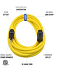 Coiled Workhorse 150 Ft Outdoor Extension Cord 12 Gauge 3 Conductor SJTW with labeled features and certifications