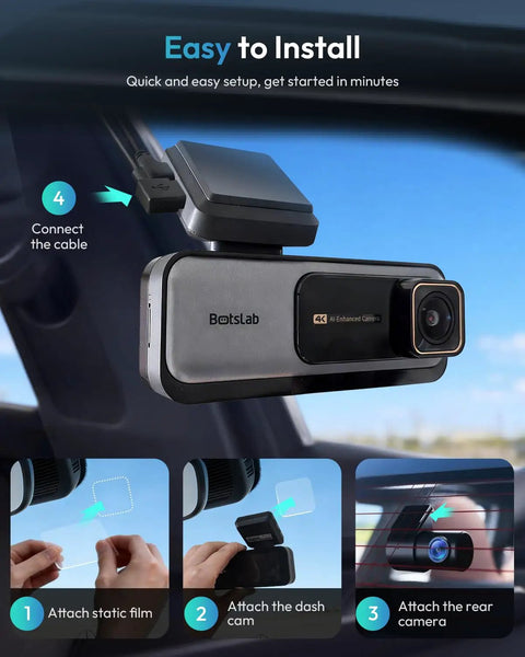 Installing 4K Front And Rear Dash Cam With 170 Degree Ultra Wide View, Boss ADAS Safety, showing mount and cable connections.