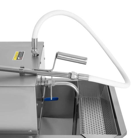 Close-up of Commercial Fryer Filter Cart Mobile Oil Purifier heavy duty components with filtering tube and stainless steel container.