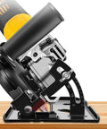 Heavy Duty Angle Grinder Bracket With Integrated Dust Collection System For Smooth Bevel Adjustments Up To Forty Five Degrees displayed on workbench.