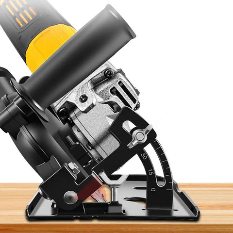 Heavy Duty Angle Grinder Bracket With Integrated Dust Collection System For Smooth Bevel Adjustments Up To Forty Five Degrees displayed on workbench.