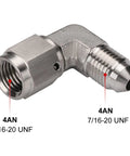 4AN Male To 4AN Female 90 Degree Swivel Stainless Steel Heavy Duty Brake Fitting Adapter Coupler for Brake Lines Clutch Lines Fuel Systems and Oil Pressure Applications, 304 stainless steel 7/16-20 UNF