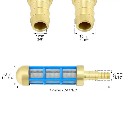 Pro Grade Heavy Duty Water Hose Filter with brass suction strainer, 400 stainless mesh, nylon frame, various dimensions shown
