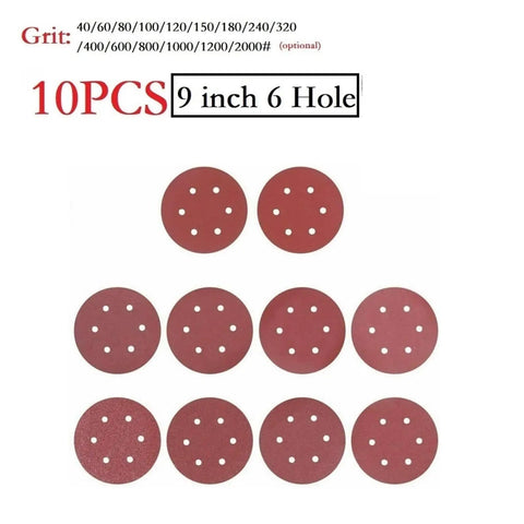Heavy Duty 9 Inch Sandpaper With 6 Holes Premium Hook and Loop Discs For Electric Polisher Dust Extraction For Wood Metal And Furniture Refinishing High Grit Options From 40 To 2000 To Smooth Surfaces Fast, featuring 10 pieces.