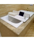 Chill Mode On With This Premium Foldable Insulated Bathtub Cover And White PVC Bath Tray showing a cozy setup with a towel and tablet.