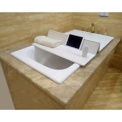 Chill Mode On With This Premium Foldable Insulated Bathtub Cover And White PVC Bath Tray showing a cozy setup with a towel and tablet.