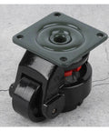 Four Pack Rock Solid Retractable Leveling Casters With Heavy Industrial Wheels And Smooth Cruising 360 Degree Swivel Mobility For Workshop Gear showing a black industrial caster with a square mount.
