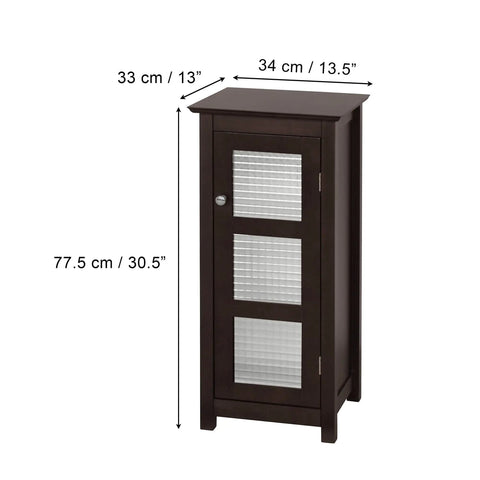 Chesterfield Freestanding Floor Cabinet With Waffle Glass Panel In Espresso Finish Adjustable Shelf Durable Engineered Wood Crown Molding Design Easy Assembly Space Saving Storage Cabinet For Home with dimensions shown