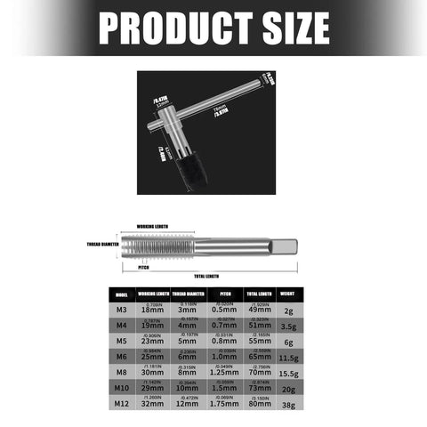 Heavy Duty Manual Tap And Die Set With T Handle Wrench For Creating Standard Threads, Alloy Steel Construction Offers Nonslip Grip And Durability For Tough Jobs. size chart showing tap dimensions M3-M12
