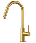 Gold Kitchen Faucet With Pull Down Sprayer, Brushed Brass High Arc Gooseneck Sink Faucet, Single Handle shown in side view