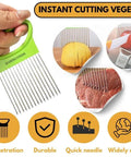 Green handheld crinkle cutter with long stainless steel blades for vegetables; shown slicing a potato.